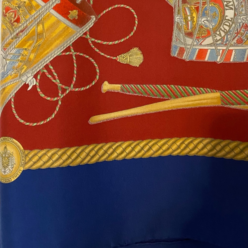 HERMES Make Offer! SILK SCARF Blue White Yellow Drum Sticks Tassels Patriotic - Picture 2 of 4